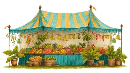 Watercolor fruit stand Tropical market with vibrant produce under blue tent.