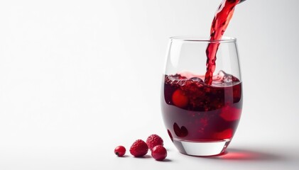 Rich red wine poured into glass, clean white backdrop, splash, texture