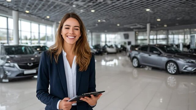 Woman in business attire assists customers with tablet inside car dealership during daytime