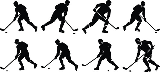 Hockey playing silhouette set. Collection of hockey sports vector on transparent background
