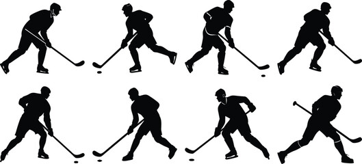 Naklejka premium Hockey playing silhouette set. Collection of hockey sports vector on transparent background 