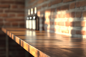 Side view of a wooden counter bathed in soft natural light with warm brick wall behind, showcasing rustic textures and inviting atmosphere inside a cozy restaurant during daytime