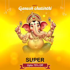 Festival Offer Design Featuring Lord Ganesha and Discount Ribbon Happy Ganesh Chaturthi Golden Poster for Sale Ads Web Banners Social Media and Retail Marketing