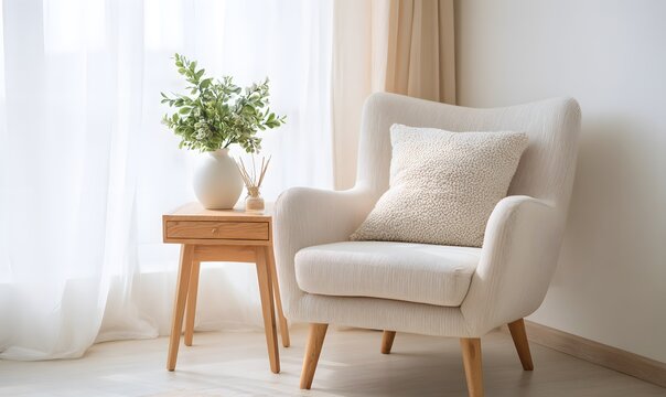 Fototapeta Modern living room corner with plush armchair and wooden side table, Generative AI