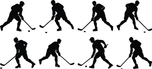 Obraz premium Hockey playing silhouette set. Collection of hockey sports vector on transparent background 