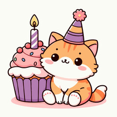 Obraz premium Chibi kitty in party hat with cupcake vector illustration, pet birthday