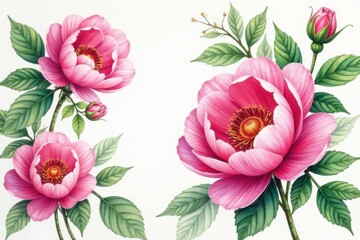Intricate watercolor rose and peony blooms, lush green leaves , summer, watercolor, lush