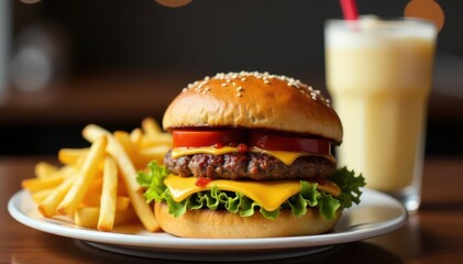 Close-up of greasy burger, fries, and milkshake on white , closeup, isolated