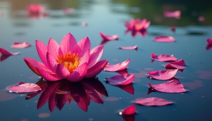 Vibrant flower petals scattered on still lake water, summer, colorful petals, plant