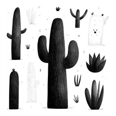 Childlike doodle pattern of various cacti and succulents