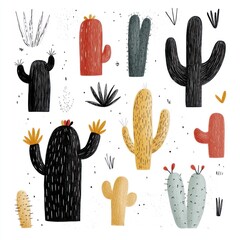 Cute hand-drawn cacti and succulents pattern with childlike style