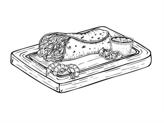 Tortilla wrap with shrimp, chili peppers, and sauce on wooden board monochrome vector illustration in black and white. for Mexican food branding, seafood restaurants, recipe books, packaging design