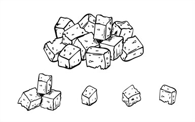 Vector irregular, porous cheese chunks monochrome line art black ink sketch in linear style. Food ingredient heap illustration for gourmet food branding, cooking blogs, and culinary posters