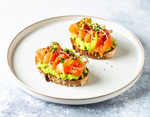 Overhead shot of vibrant salmon avocado toasts with cucumber, sesame, sprouts on white plate.