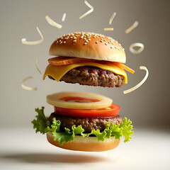A deconstructed burger with ingredients (bun, lettuce, tomato, patty, cheese, onions) hovering in mid-air with light motion blur and soft shadows