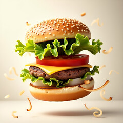 Deconstructed Gourmet Burger in Mid-Air with Fresh Ingredients
