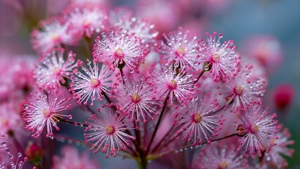 Close up photograph of pink flowers with water droplets in botanical garden