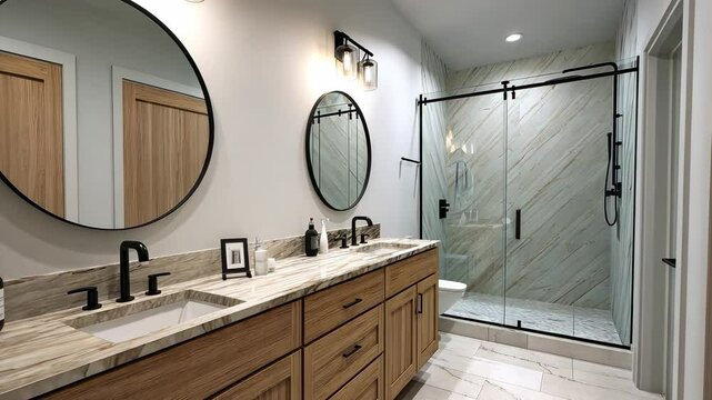 Sleek bathroom vanity with oval mirrors, glass shower