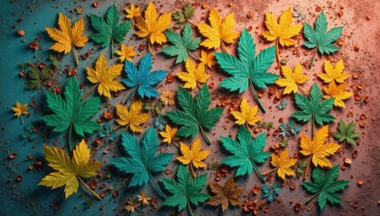 Repetitive leaf pattern on weathered wall, nature's design, rural, pattern, brick