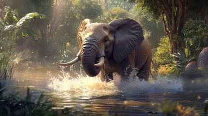 Large majestic elephant enjoys playing in the cool waters of a wildlife sanctuary, highlighting the peaceful nature of these herbivores in their natural protected environment.