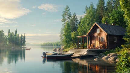 Fototapeta premium Traditional wooden hut. Finnish sauna on the lake and pier with fishing boats. Summer landscape
