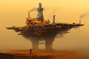 Fototapeta premium Floating, industrial platform in a desolate, dusty landscape.