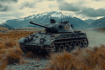 Fototapeta premium Military tank traversing a mountainous terrain.