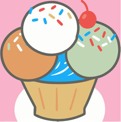 Cartoon Ice Cream Sundae in Cup, Sprinkles, Cherry