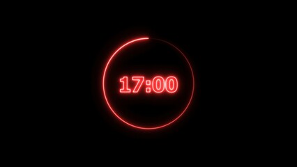 Digital countdown timer neon bright red color 4k illustration of 17 second transparent on black background. 17 seconds digital timer 4k illustration.