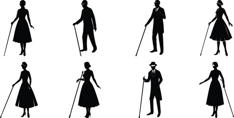 Blind man and women walking silhouette vector illustration set