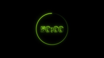 Digital countdown timer neon bright lime green color 4k illustration of 50 second transparent on black background. 50 seconds digital timer 4k illustration. 
