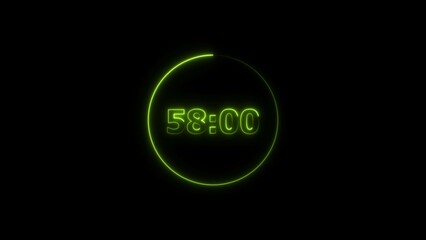 Digital countdown timer neon bright lime green color 4k illustration of 58 second transparent on black background. 58 seconds digital timer 4k illustration. 