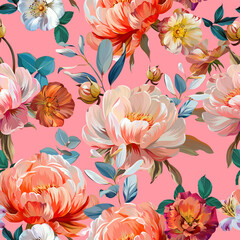 Pattern peonies flowers and roses. Vector pattern floral summer flowers peonies, roses, rose hips. For paper, fabric, packaging, interior design © Alaska_artworks