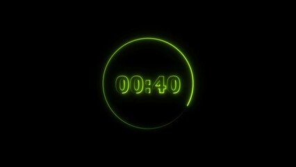 Digital countdown timer neon bright lime green color 4k illustration of 40 second transparent on black background. 40 seconds digital timer 4k illustration. 