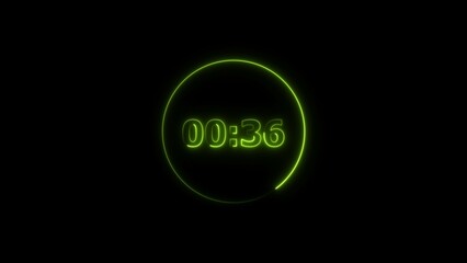 Digital countdown timer neon bright lime green color 4k illustration of 35 second transparent on black background. 35 seconds digital timer 4k illustration. 