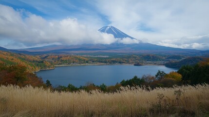 Mount Fuji view at Lake Saiko in Autumn season. Mt Fujisan in Fujikawaguchiko, Yamanashi, Japan. Landmark for tourists attraction. Japan Travel, Destination, Vacation and Mount Fuji Day concept