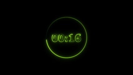 Digital countdown timer neon bright lime green color 4k illustration of 16 second transparent on black background. 16 seconds digital timer 4k illustration. 