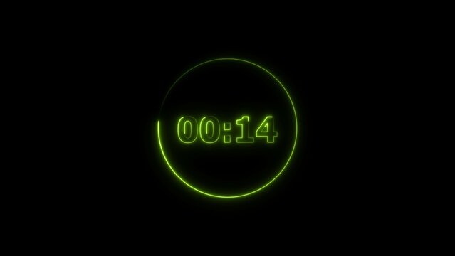 Digital countdown timer neon bright lime green color 4k illustration of 14 second transparent on black background. 14 seconds digital timer 4k illustration. 