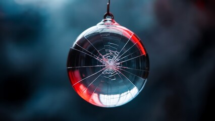 Crushed glass orb with fracture lines reflecting red light in a dark ambience