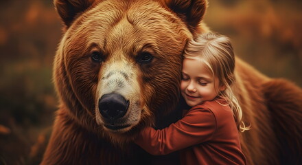 Little girl gently presses her head against a large bear, showing animal kindness and friendship. Concept of human and wild animal connection.