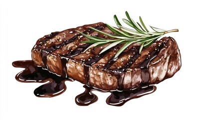 Grilled steak drizzled with dark sauce, garnished with rosemary sprig.  A perfectly seared steak, juicy and flavorful, resting on a bed of rich dark sauce, with a sprig of fresh rosemary