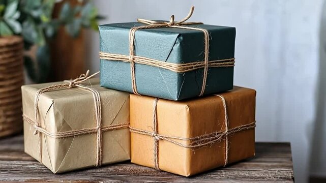 Rustic gift packages with natural twine displayed on rustic wooden table
