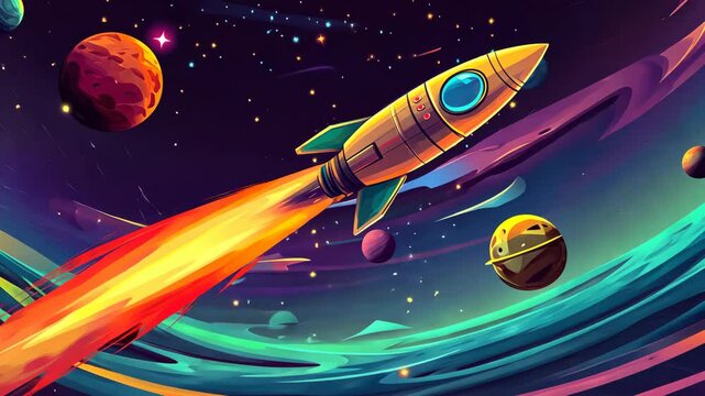 A rocket is flying through space with a planet in the background. The rocket is yellow and has a window
