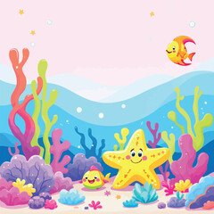 Vsai smiling starfish and fish exploring vibrant coral reef