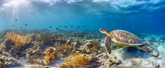 A Sea Turtle gracefully swimming underwater among colorful coral reefs and fishes