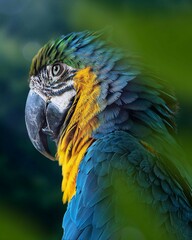 Close up of Blue-and-yellow Macaw. Bright colors and tropical beauty.