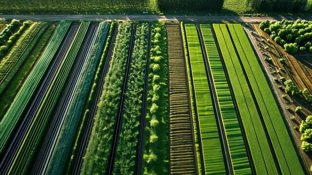 Aerial view of lush linear crop patterns with tree rows in vibrant green landscapes
