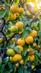 Fresh citrus fruit growing on a tree with green leaves and sunlight in a garden