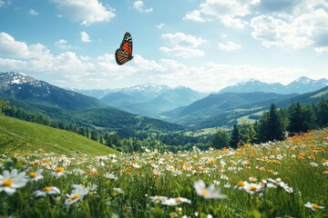 Butterfly soars above vibrant wildflower meadow majestic mountains nature scene serene environment aerial view harmony of life