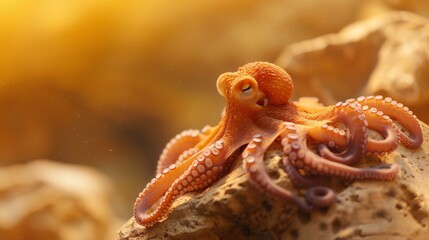 Obraz premium Close up of an orange octopus resting on a rock in warm sunlight. Marine life, underwater world, cephalopod.